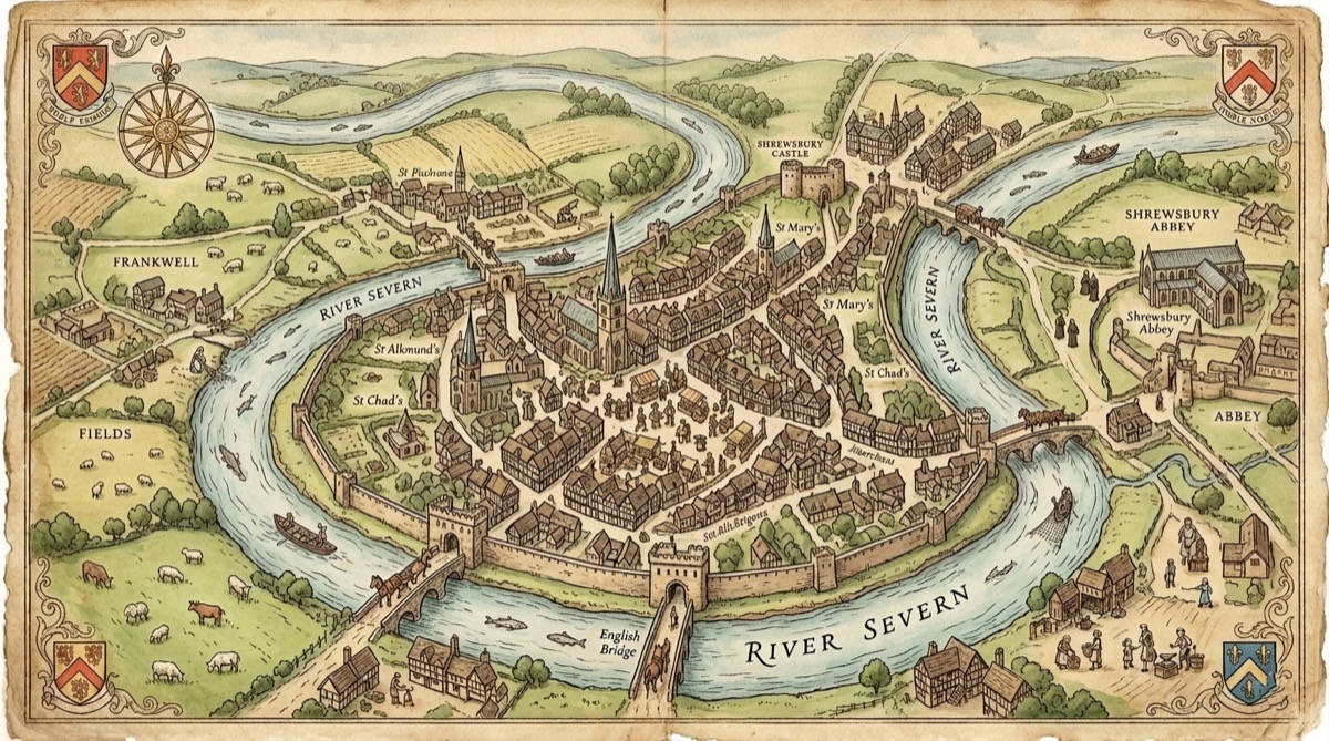 Historic map of Shrewsbury showing the River Severn loop